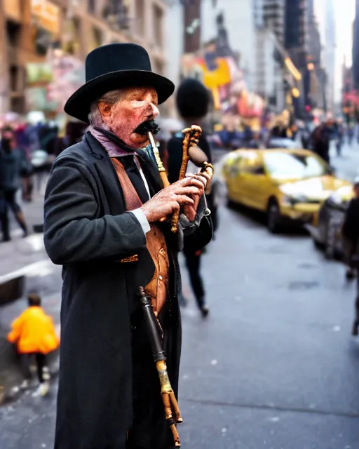 Image similar to mysterious man dressed as the pied piper of hamelin plays his cane pipe, as thousands of children march behind him thru the streets of downtown nyc, cinematic, supernatural, bokeh