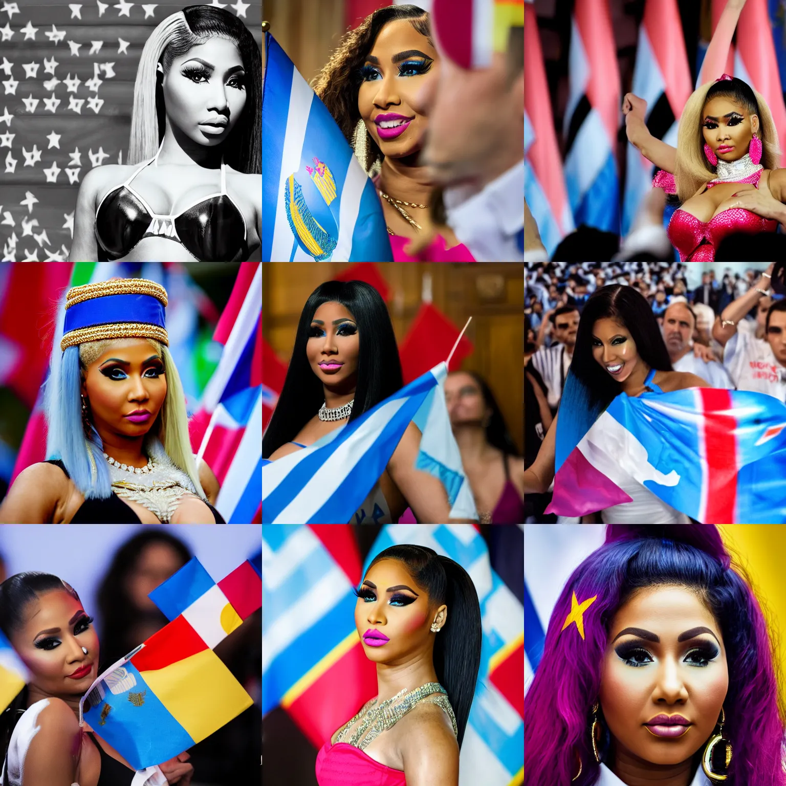 Prompt: detailed Nicki Minaj with flags of Argentina behind, in the Argentine congress, blurred background, 55mm, hd,