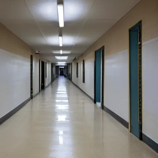 Prompt: the interior of an empty school hallway, small, cramped, dim fluorescent lighting