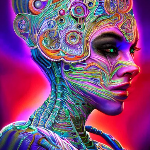 Prompt: extremely psychedelic cyborg queen of lsd. intricate, elegant, highly detailed, lifelike photorealistic digital painting, artstation.