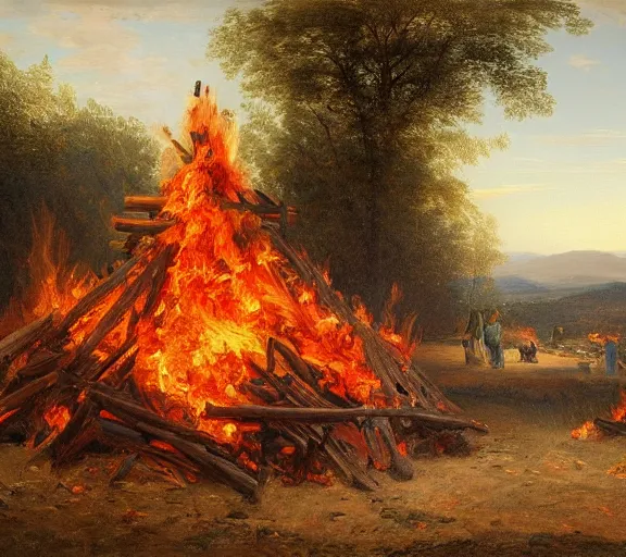 Prompt: landscape portrait of a funeral pyre with cash on it, by william sidney mount, trending on artstation