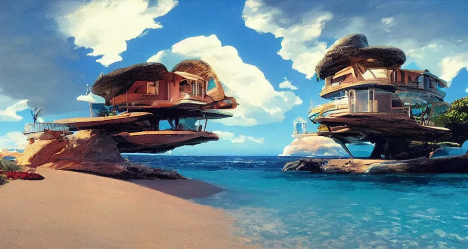 Prompt: tiny seashell house where a hermit girl lives, atmospheric cinematography by syd mead