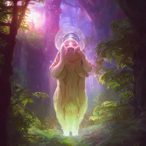 Image similar to ultra realistic illustration of magical tardigrade, forest, fantasy, colorful lights, intricate, elegant, highly detailed, digital painting, artstation, concept art, smooth, sharp focus, illustration, art by artgerm and greg rutkowski and alphonse mucha