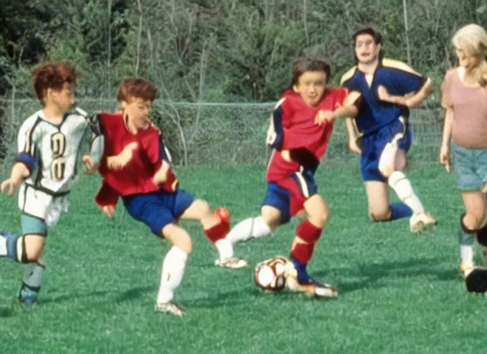 Prompt: Funny TV show in 90s. Color VHS footage. people playing soccer.