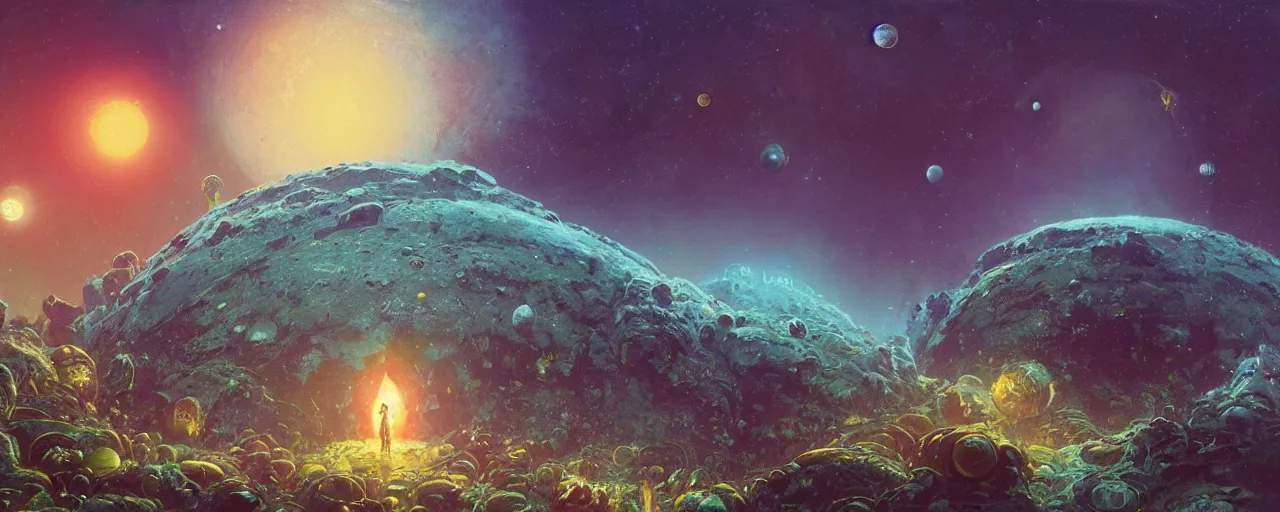 Image similar to ” outer planet with strange and mysterious eggs and larvae, [ art by paul lehr, cinematic, detailed, epic, widescreen, opening, establishing, mattepainting, photorealistic, realistic textures, octane render ] ”