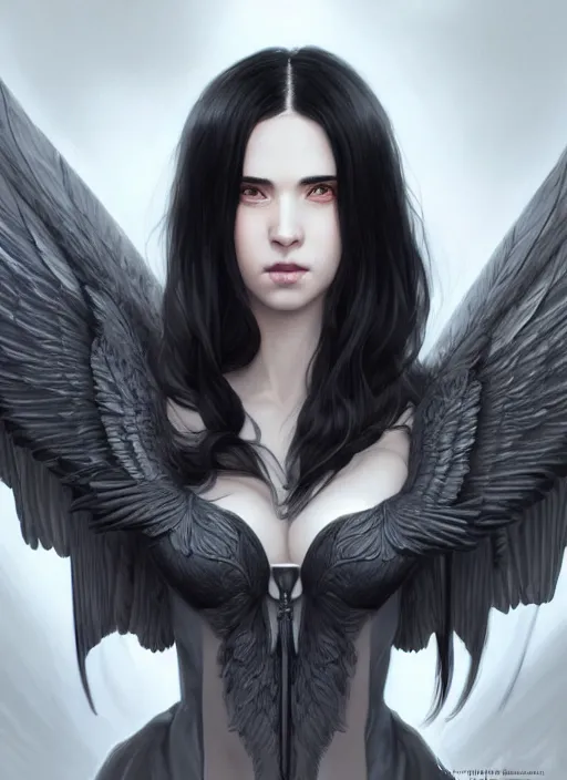 Prompt: portrait of a beautiful black haired girl - archangel with gray wings, black open jacket, black bra, highly detailed, d & d, fantasy, highly detailed, digital painting, trending on artstation, concept art, sharp focus, illustration, art by artgerm and greg rutkowski and fuji choko and viktoria gavrilenko and hoang lap
