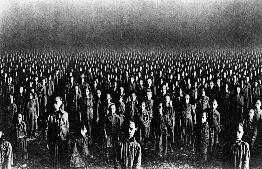 Prompt: concentration camps intact flawless ambrotype from 4 k criterion collection remastered cinematography gory horror film, ominous lighting, evil theme wow photo realistic postprocessing value contrast is used to focus our attention on the subject tragedy yayoi kusama installation