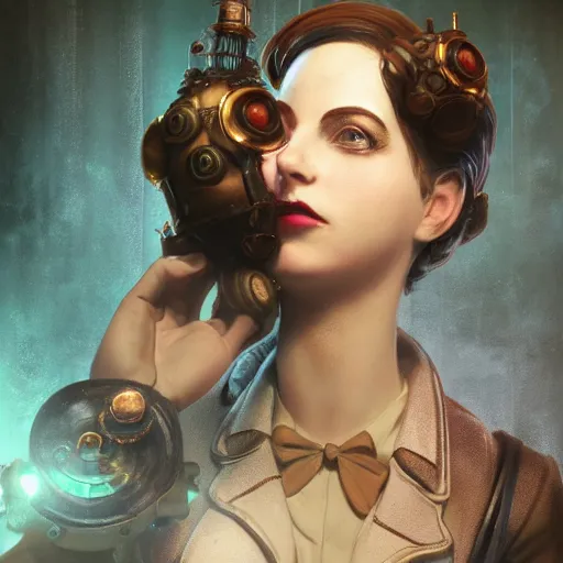 Image similar to Bioshock steampunk portrait, au naturel, hyper detailed, digital art, trending in artstation, cinematic lighting, studio quality, smooth render, unreal engine 5 rendered, octane rendered, art style by klimt and nixeu and ian sprigger and wlop and krenz cushart