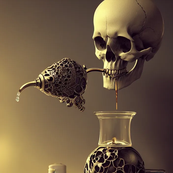 Prompt: skull, drinking from coffee carafe. intricate artwork. octane render, trending on artstation, greg rutkowski very coherent symmetrical artwork. cinematic, hyper realism, high detail, octane render, 8 k, iridescent accents