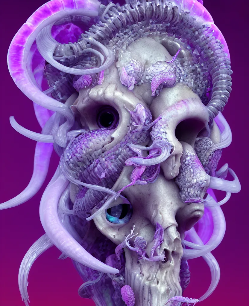 Image similar to goddess princess beautiful face close-up portrait ram skull zbrush sculpt. jellyfish phoenix head, nautilus, orchid, skull, betta fish, bioluminiscent creatures, intricate artwork by Tooth Wu and wlop and beeple. octane render, trending on artstation, greg rutkowski very coherent symmetrical artwork. cinematic, hyper realism, high detail, octane render, 8k