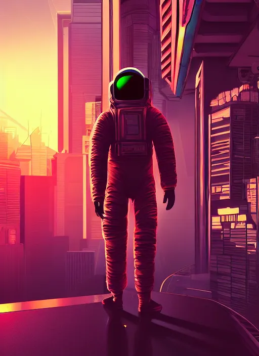 Image similar to An aesthetic Astronaut in a cyberpunk city during a sunset , extremely detailed digital painting, mystical colors, rim light, beautiful Lighting, 8k, stunning scene, raytracing