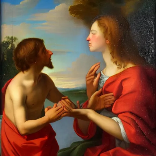 Image similar to 1 8 th oil panting of a jesus kissing with maria maddalena