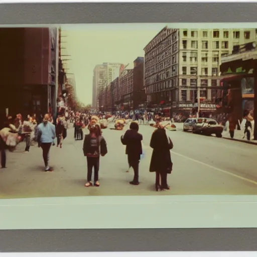 Image similar to wide - shot low angle of people in the busy street, polaroid photo, by andy warhol