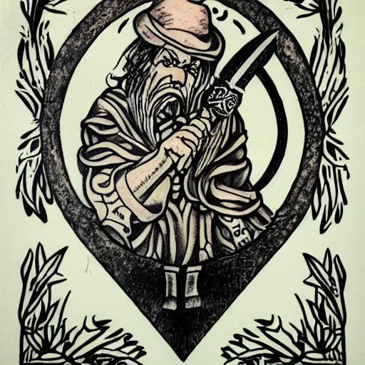 Prompt: tattoo design, stencil, a tarot card of an old man resting on a sword in the desert