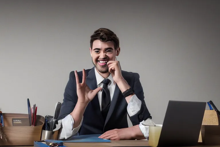 Prompt: handsome young man, sitting at office desk, smiling, dalmatian skin, hyper realistic, 4 k, bright, happy, photograph, high detail,