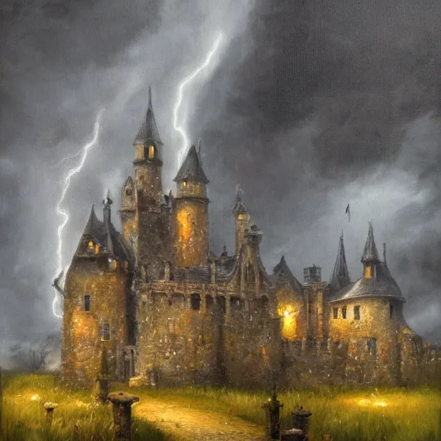 Image similar to high detail, well maintained castle with moody lighting, far away - shot from the front gate courtyard with lightning in the background, oil painting in the style of seb mckinnon