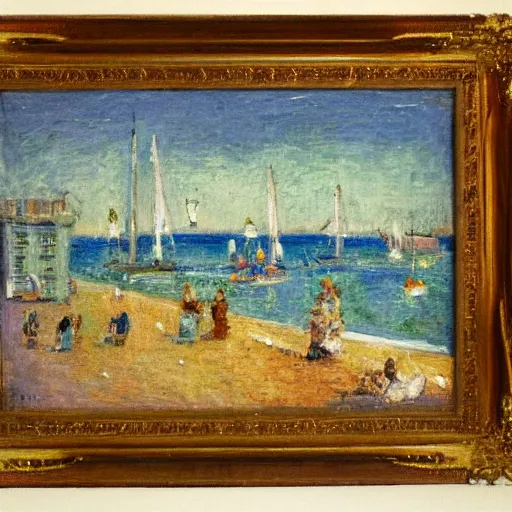 Image similar to a town by the seaside, impressionist