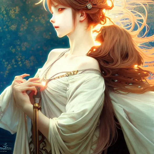 Prompt: anime girl, fantasy, intricate, elegant, dramatic lighting, emotionally evoking symbolic metaphor, highly detailed, lifelike, photorealistic, digital painting, artstation, concept art, smooth, sharp focus, illustration, art by John Collier and Albert Aublet and Krenz Cushart and Artem Demura and Alphonse Mucha