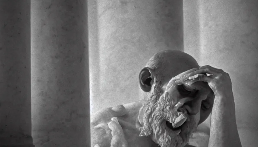 Prompt: 1 9 6 0 s movie still close - up of chrysippus of solis breaking his jaw in red drapery in a neoclassical marble room, cinestill 8 0 0 t 3 5 mm b & w, high quality, heavy grain, high detail, dramatic light, anamorphic, detailed beard, by josef sudek