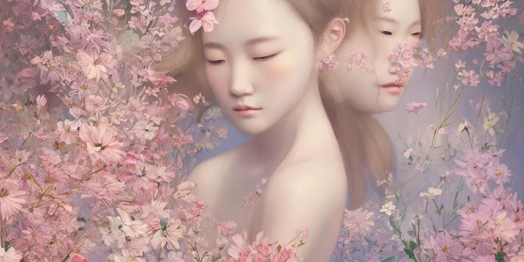 Image similar to breathtaking delicate detailed concept art painting pattern blend of flowers and girls, by hsiao - ron cheng, bizarre compositions, exquisite detail, pastel colors, 8 k