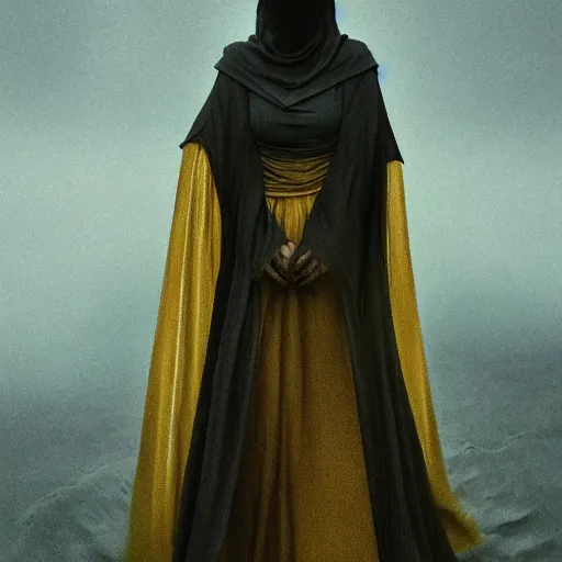 Image similar to a portrait of a young woman wearing a long dark cloak, hood and shadows covering face, holding golden chains, oil painting, matte painting, black background, Volumetric Golden dappled dynamic lighting, Highly Detailed, Cinematic Lighting, Unreal Engine, 8k, HD, by Beksinski