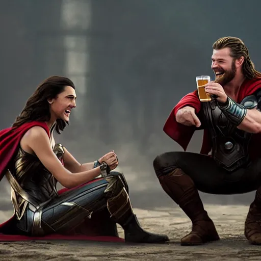 Image similar to cinematic film scene of Thor Chris Hemsworth and wonder woman gal gadot laughing having a beer, MCU, photo realistic, ultra detailed, trending on artstation, concept art, unreal engine render, 16k