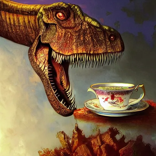 Image similar to long shot of tyrannosaurus rex sitting in a romantique tea cup, by esao andrews, by m. w. kaluta, harmonic composition, volumetric light, fresh colors, humorous oil painting, realistic reflections, smooth, concept art, depth perception, high depth of field, 4 k, unreal engine 5, ultradetailed, hyperrealistic, trending on artstation