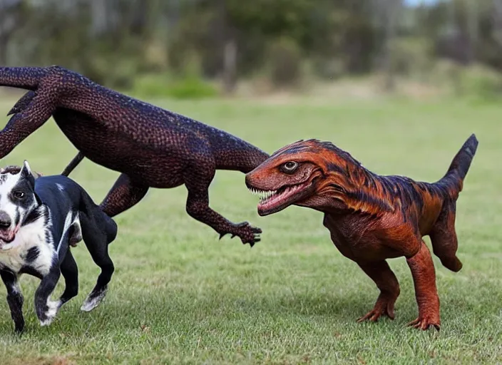 Image similar to photo of a dog and a velociraptor playing together