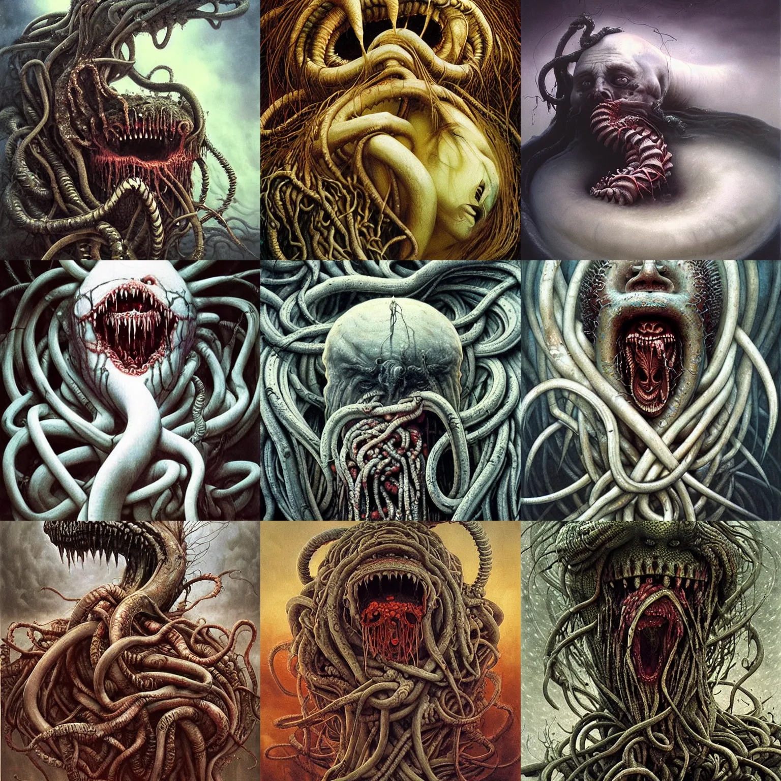 Prompt: White Ragworm gushing out of Medusa\'s mouth, dramatic, art style adrian borda and beksinski , super details, dark dull colors, ornate Giger background, mysterious, eerie, sinister