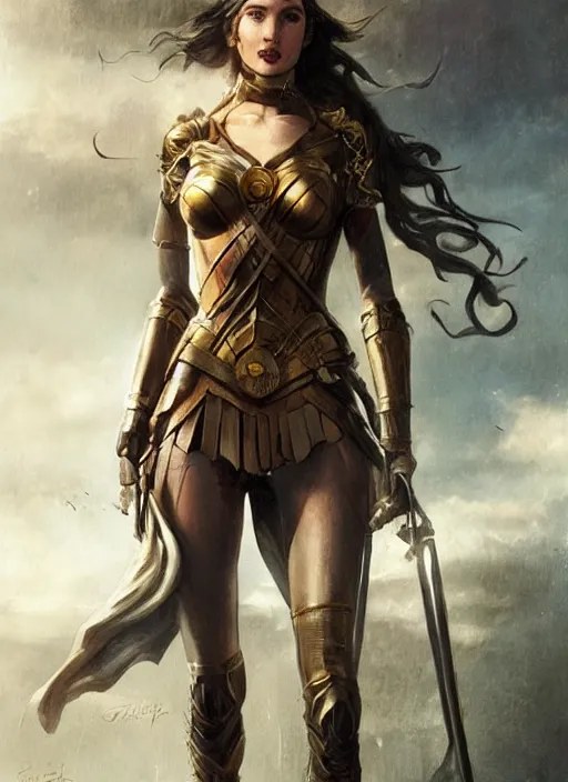 Image similar to highly detailed steampunk gal gadot standing, blond hair, steel age : leonardo da vinci, greg rutkowski, magali villeneuve