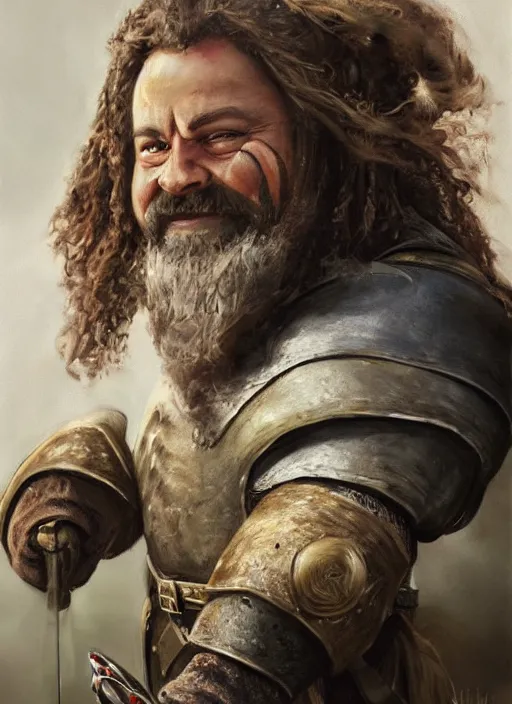 Image similar to A hyperrealistic fantasy portrait painting of a male dwarf on the battlefield