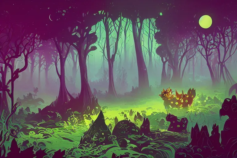 Prompt: An amazing mystical forest with weird creatures by oward Arkley, Anton Fadeev and Dan Mumford