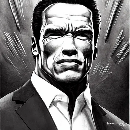 Prompt: portrait arnold schwarzenegger by yusuke murata and masakazu katsura, artstation, highly - detailed, cgsociety, pencile and ink, city in the background, dark colors, intricate details h 7 0 4