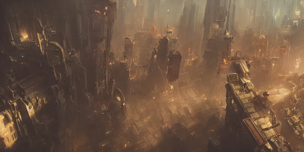 Image similar to a painting of a cinematic keyframe of a cyberpunk dystopian city, arcane league of legends like seen from above, cenital shot, by greg rutkowski, rule of thirds, golden ratio, ambient lighting, wlop, artgerm, artstation, highly detailed masterpiece, dark fantasy art, high detail, trending on artstation