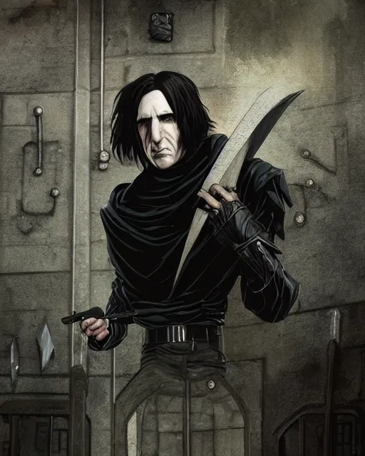 Prompt: An epic fantasy comic book style portrait painting of a very imposing giant Industrial goth Trent Reznor as Snape looking over the wall in Attack on Titan, character design by Mark Ryden and Pixar and Hayao Miyazaki, unreal 5, DAZ, hyperrealistic, octane render, cosplay, RPG portrait, dynamic lighting, intricate detail, cinematic