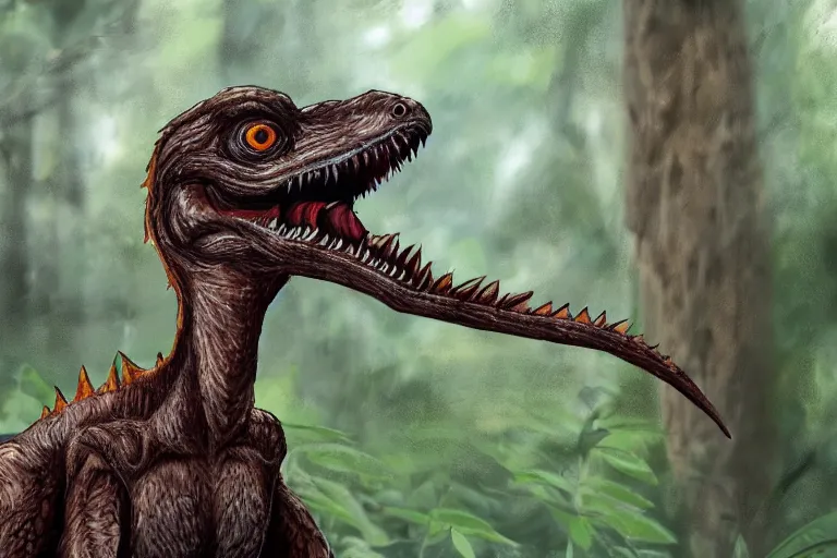 Image similar to highly detailed photograph of a oil velociraptor!! in the forest, featured on pixiv