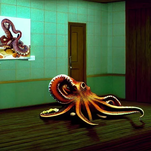 Image similar to hyperrealism photography in araki nobuyoshi dramatic scene from movie the big lebowski style computer simulation visualisation of detailed octopus riding eating human octopus in the detailed ukrainian village