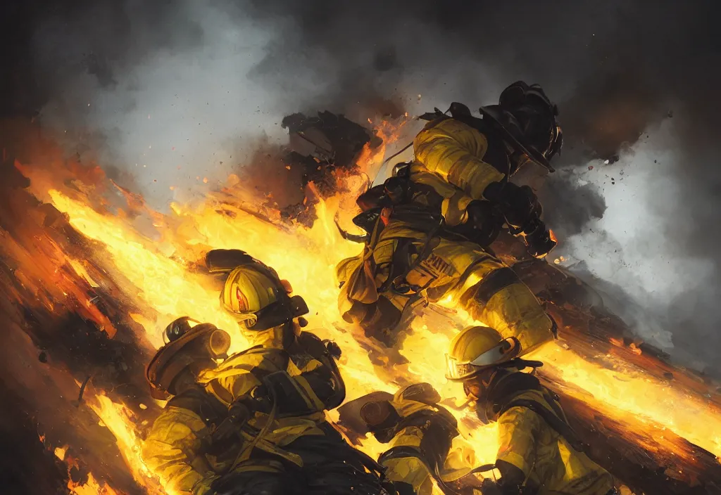 Image similar to one heroic firefighter in action in black and yellow uniform, fire flames, sharp details, sharp focus, realistic, highly detailed, illustration, by jordan grimmer and greg rutkowski and pine ( ハイネ ) and 薯 子 imoko and 香 川 悠 作 and wlop and maya takamura, intricate