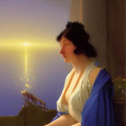 Image similar to a young woman's face, her hair is white and she wears an indigo blue satin cloak, by ivan aivazovsky and syd mead and moebius and gaston bussiere and roger dean and pieter claesz and paul delaroche and alma tadema and aelbert cuyp and willam claesz, hyperrealistic, volumetric light, octane render