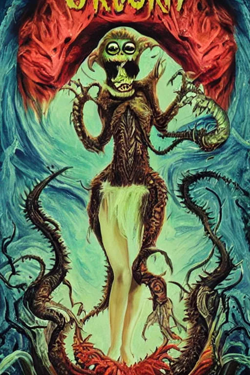 Prompt: drag queen monster in horrific eldritch horror movie poster