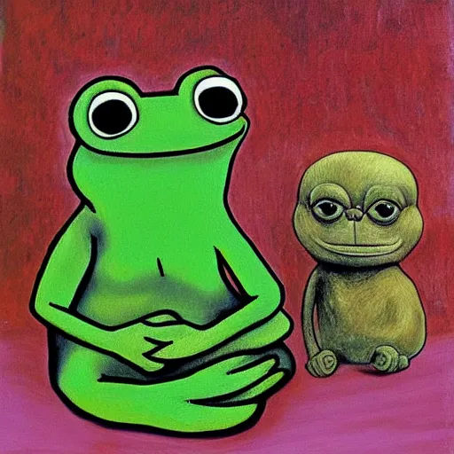 Prompt: pepe the frog by frida kahlo