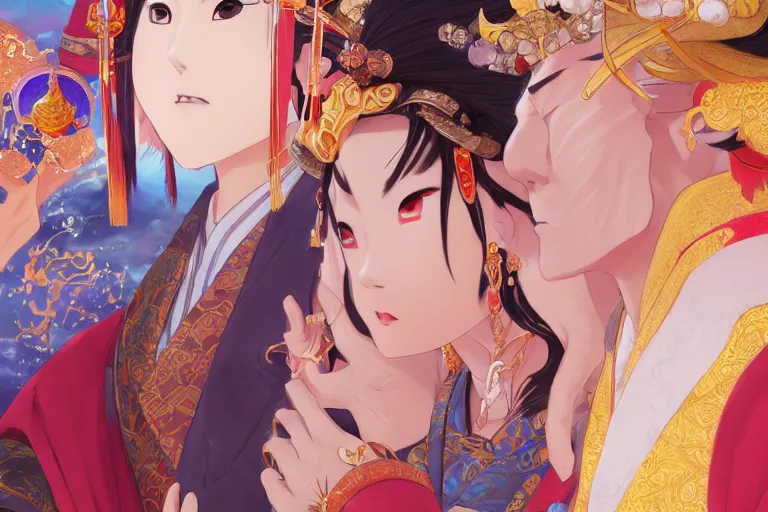 Image similar to close up moment of a divine a japan sun god and a moon goddess lovers magician at a wedding banquet, highly detailed, genshin, fantasy, 4 k realistic, digital painting, trending on artstation, concept art, sharp focus, illustration, art by makoto shinkai and akihiko yoshida and daniel gerhartz