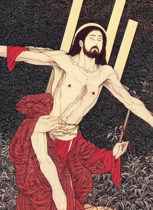 Image similar to Jesus Christ on the cross, by takato Yamamoto, manga style, painting, high detail, 8k, award winning,