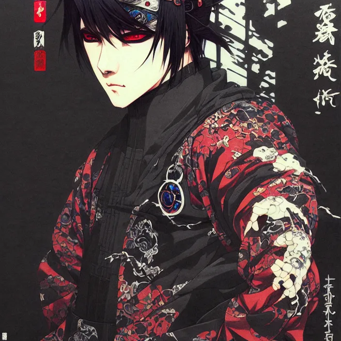 Image similar to a beautiful ukiyo painting of cyberpunk ninja, wearing cyberpunk streetwear, detailed close up portrait, concept art, by takato yamamoto, wlop, krenz cushart. cinematic dramatic atmosphere, sharp focus