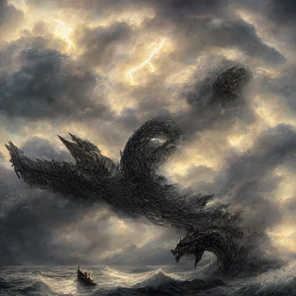 Image similar to a fantasy book style portrait of a giant dragon, stormy sea, giant waves, lightning, small boat, oil painting, 4 k