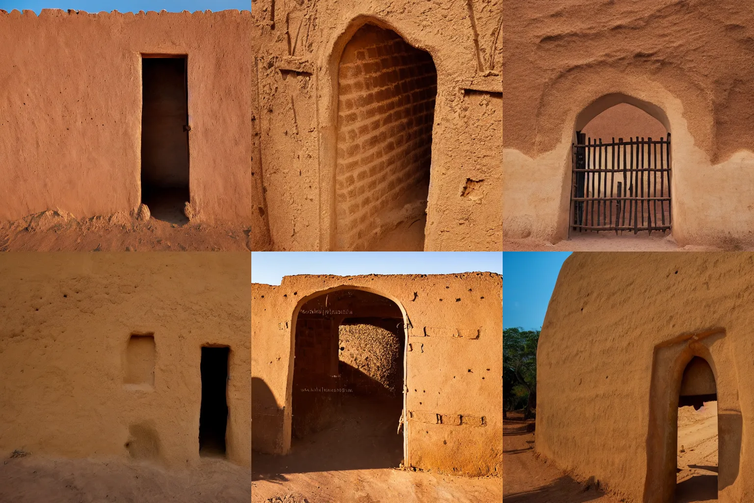 Prompt: High-quality photography of a mud brick gate to a West African city, National Geographic