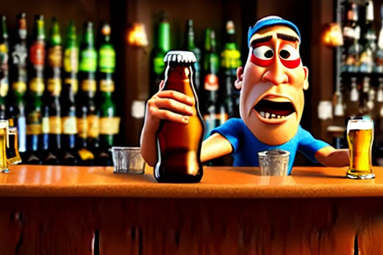 Image similar to a anthropomorphic bottle of beer standsin front of a bar yelling at the bar tender, pixar