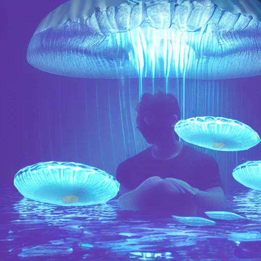 Prompt: portrait of a man floating in aquarium with glowing jellyfish. octane render. hyper realistic. cinematic. cine still. mamiya. medium format. caustics. f 4. chromatic aberration.