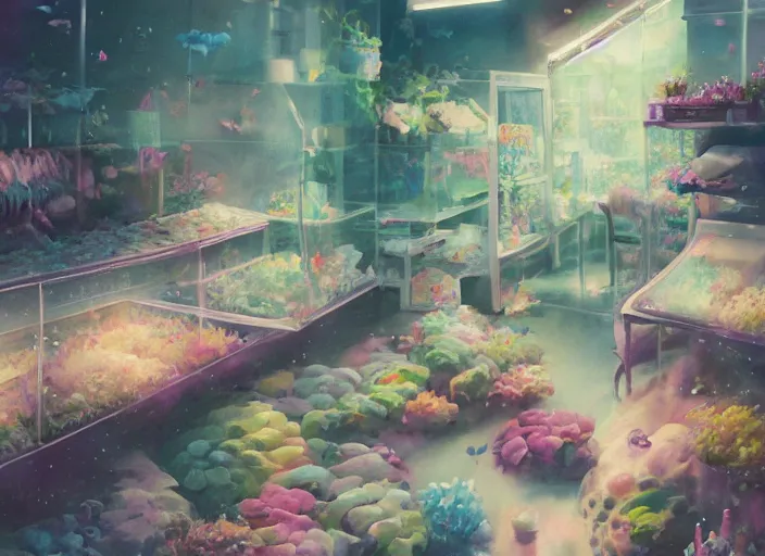 Image similar to bright cheery placid pastel deep cozy moody cluttered painterly fluffy tiny cramped live pet store, aisles of aquariums, slanted ceiling, tiny space, particulate, trending on pixiv