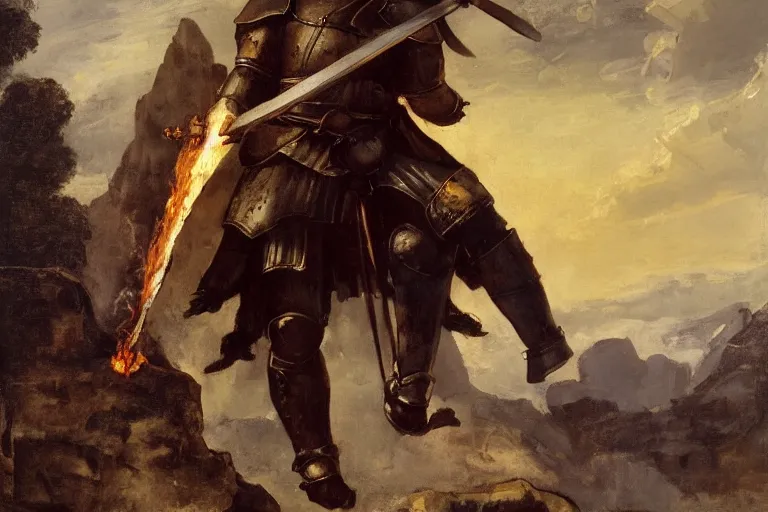 Image similar to landscape realistic painting image of a templar knight with one mechanical hand carrying a fire sword and wielding it at the ice dragon. dramatic scene, realism, created by gustave courbet and michaelangelo, trending in artstation, fine art, smooth draw with oil painting.